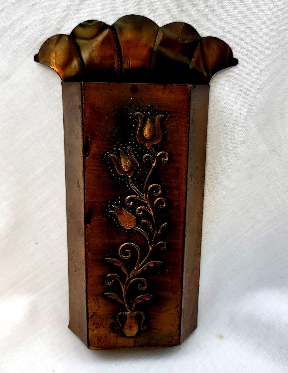 Vintage Metal Wall Match Stick Holder Tulips Stamped on the Front Fan Top 7.5"